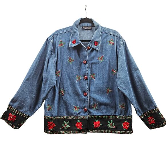 Vtg New Direction Women's Denim Jacket Shacket Christmas Embroidery Sequins XL - Picture 1 of 8